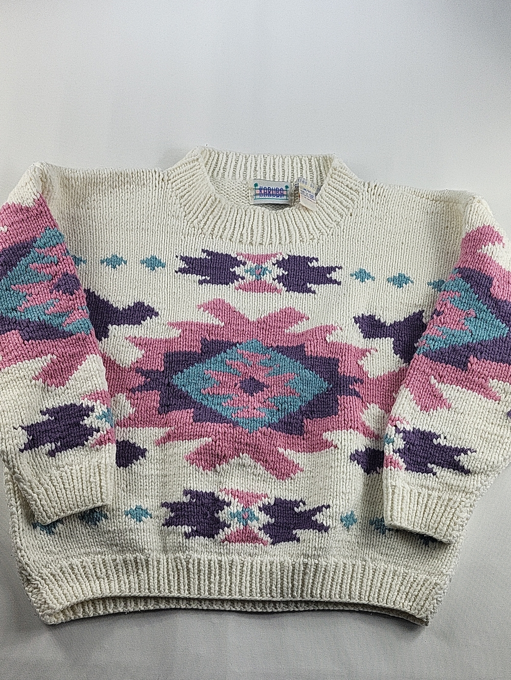 Vtg Karuba Chunky Knit Southwestern Aztec Pattern Sweater Cream Pink Teal